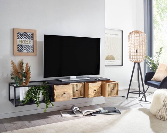 HiFi Lowboard Hangend Mango Massief Hout / Metaal 150x25x35 cm TV-Dressoir Zwart | Design TV-Meubel Modern | TV-Tafel Wand | TV-Bord Woonkamer