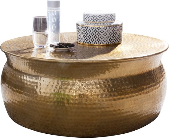 salontafel KARAM 75x31x75 cm aluminium gouden bijzettafel oosterse rond | Plat gehamerd koffietafeltje metaal Design salontafel modern | Tafel klein Indiaas stub tafel klein