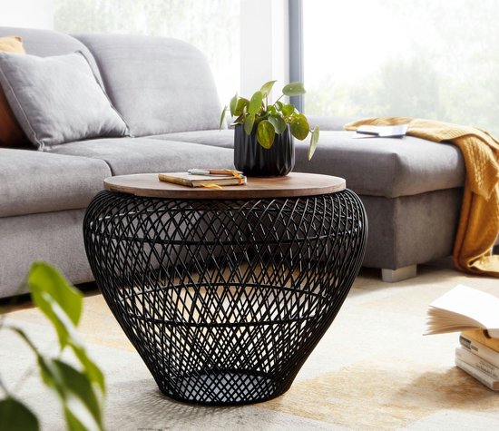 Coffee Table Metal and Solid Mango Wood 60x60x45 cm Black Coffee Table | Round Living Room Table Modern with Storage | Small Side Table Living Room Table
