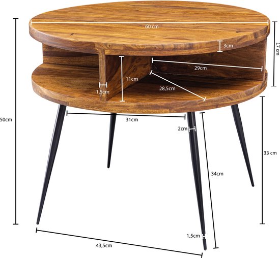 table Sheesham solid wood / metal 60x45x60 cm table living room | Design side table with shelf Small coffee table round brown