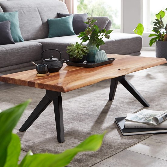 coffee table 115x37x64 cm solid acacia wood / metal tree edge | Designer square coffee table | Industrial brown living room table | Coffee table, wood, rectangular
