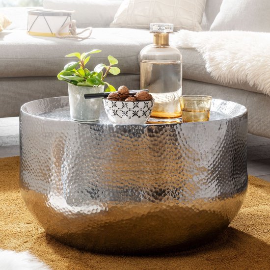 coffee table aluminum silver 60x60x35 cm coffee table hammered | Design coffee table round aluminum oriental | Round metal coffee table small