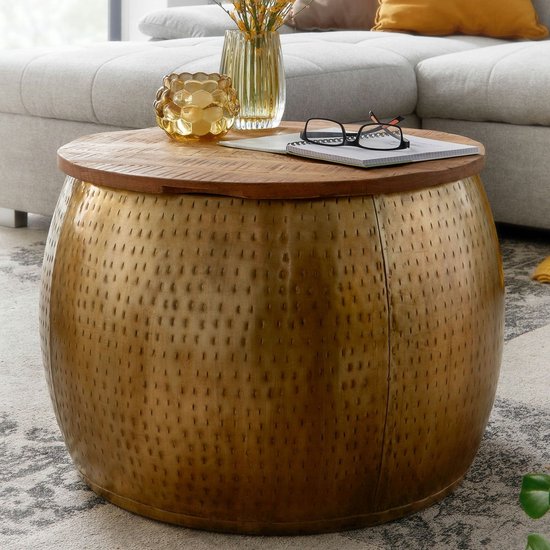 Koffietafel Metaal en Massief Mango-Hout 60x60x40 cm Salontafel Goud | Ronde Tafel Woonkamer Moderne met Opbergruimte | Kleine Bijzettafel Woonkamertafel