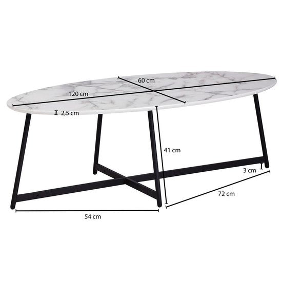 design salontafel ovaal 120x60 cm met wit | Salontafel met metalen poten zwart | Grote bijzettafel