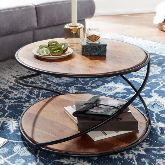 coffee table 58x58x35 cm solid sheesham wood / metal coffee table round | Designer coffee table solid | Small side table living room modern with storage