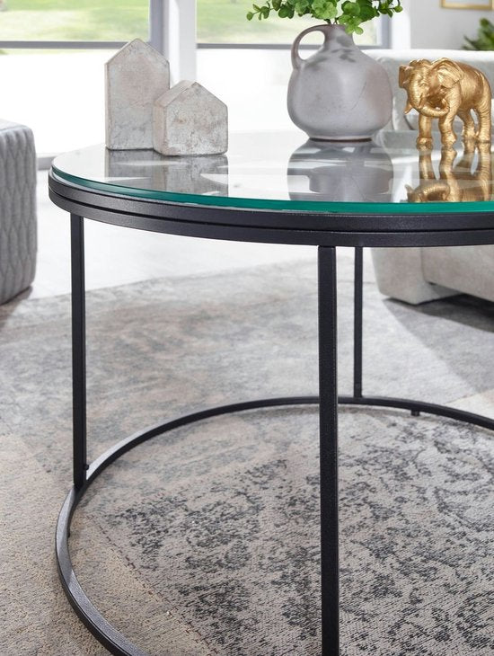 Koffietafel Glas en Metaal 60x60x43 cm Salontafel Zwart met Sierklok | Tafel Woonkamer Rond | Woonkamertafel Modern | Kleine Bijzettafel
