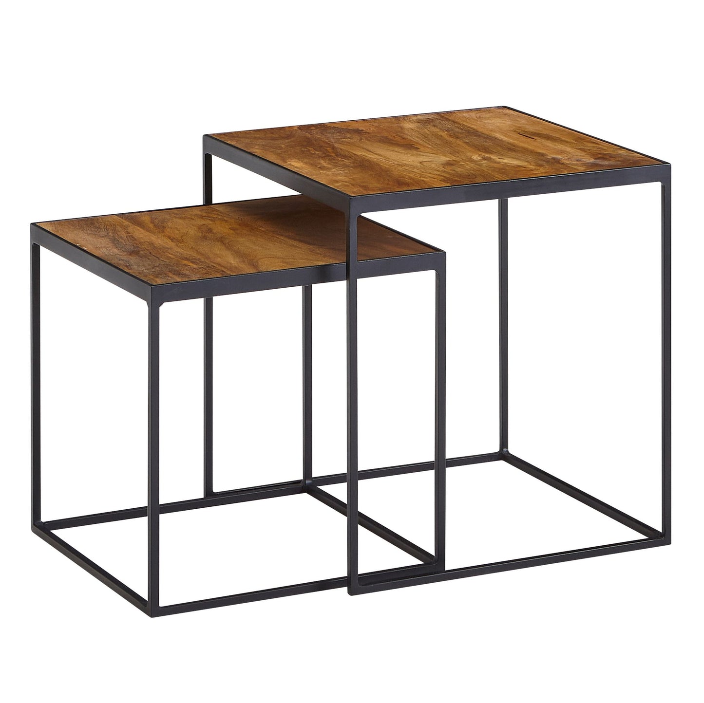 Tafel Set Mango Massief Hout en Metaal Salontafel Set van 2 Vierkant | Tafel Woonkamer Bijzettafel Industrieel | Moderne Nesttafel Metalen Tafel