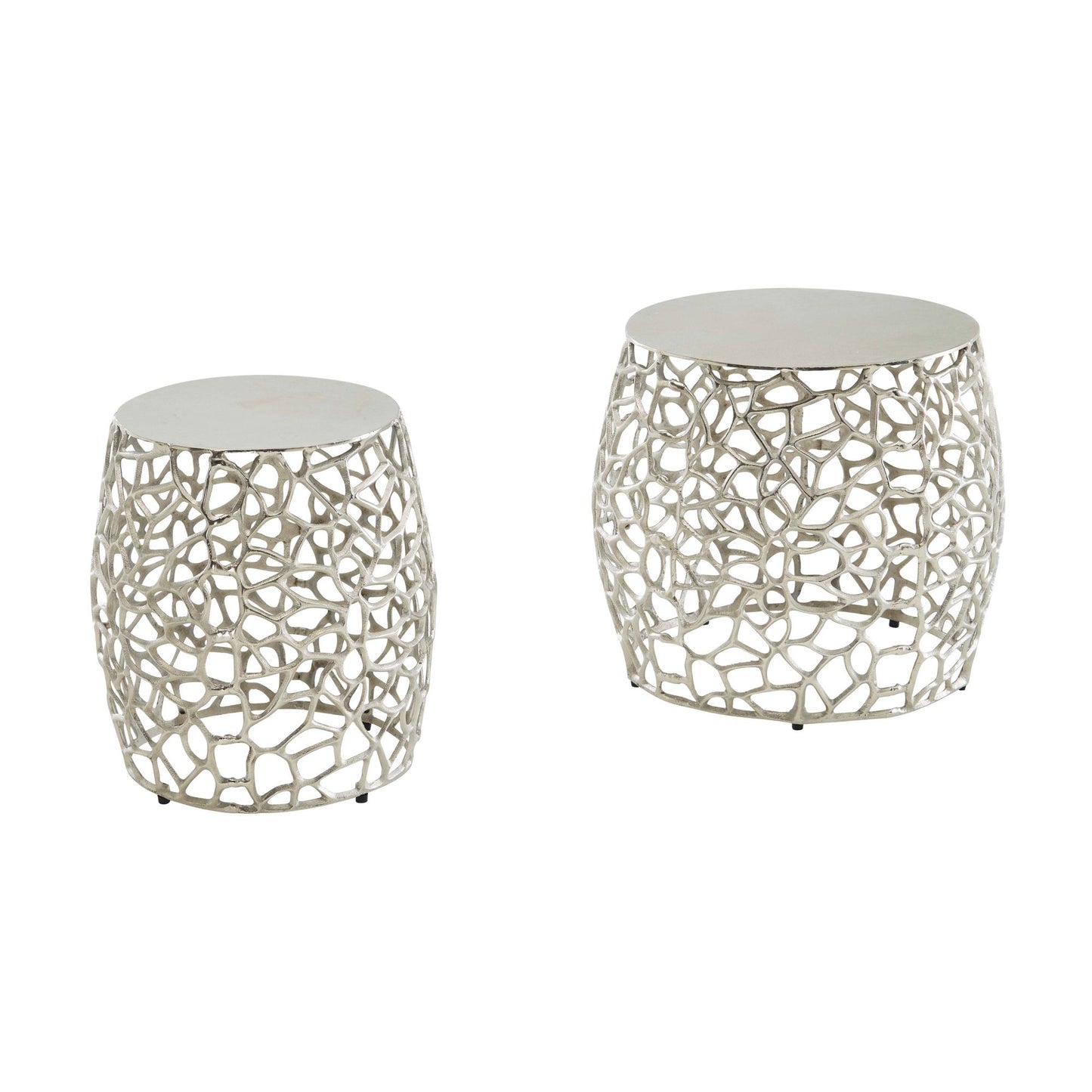 Table Set Metal Coffee Table Set of 2 Round Silver Aluminium | Living Room Table Side Table | Modern Nesting Table Metal Table