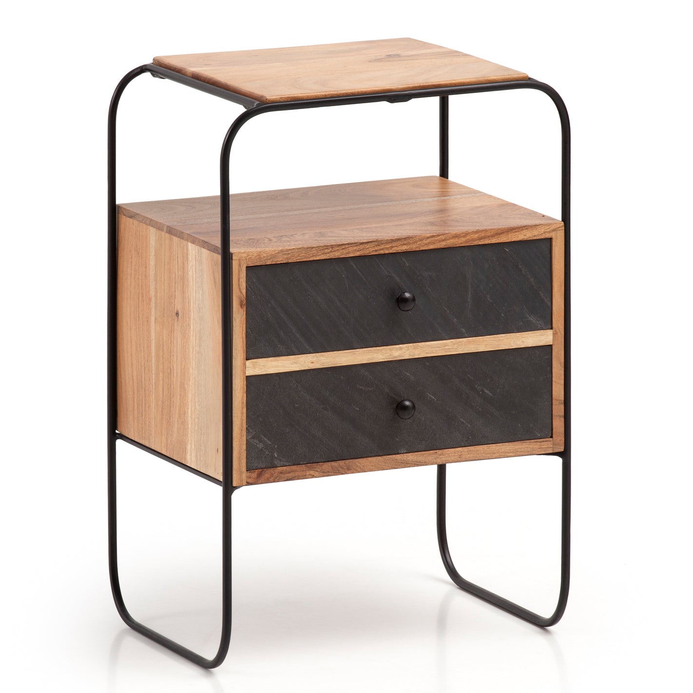 nachtkastje massief acaciahout/steenlook 40x60x30 cm nachtkastje boxspringbed | Industriële nachtconsole bruin met 2 lades & opbergruimte | Opbergruimte voor nachtkastje en metalen frame