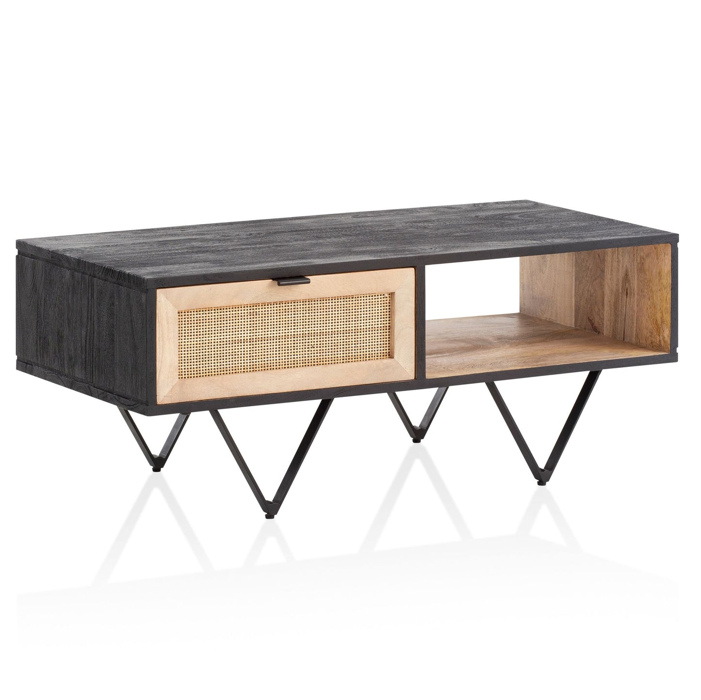Salontafel 90x45x37 cm Mango massief hout/rotan salontafel rechthoekig | Woonkamertafel, salontafel, massief met lade Tafel woonkamer modern rieten gaas met metalen frame
