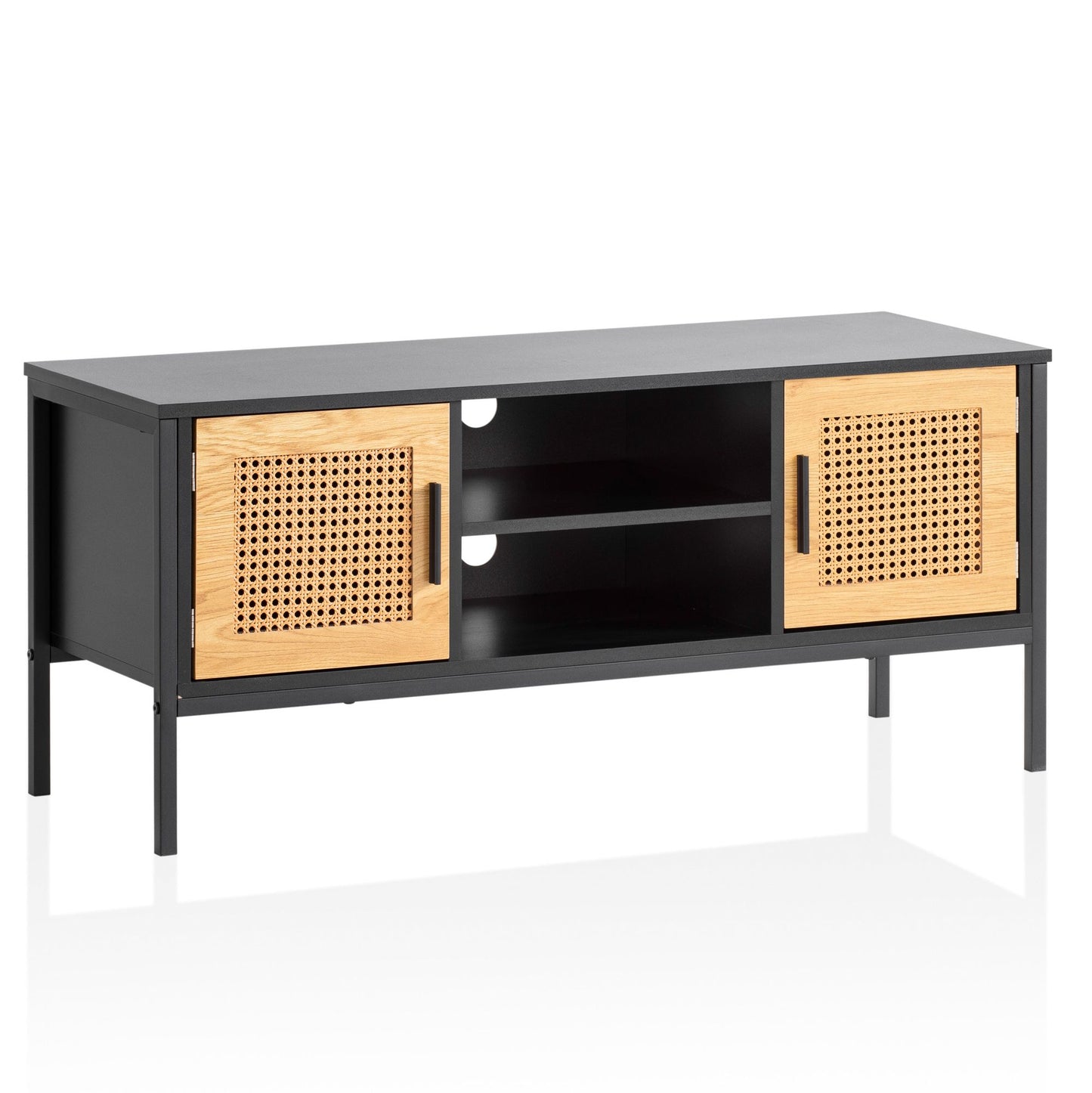 Lowboard Zwart/Eiken met Weens vlechtwerk 110x48x40 cm TV-meubel Tijdloos, design TV-kast hoog, TV-tafel TV-kast met deuren, TV-kast woonkamer rotan