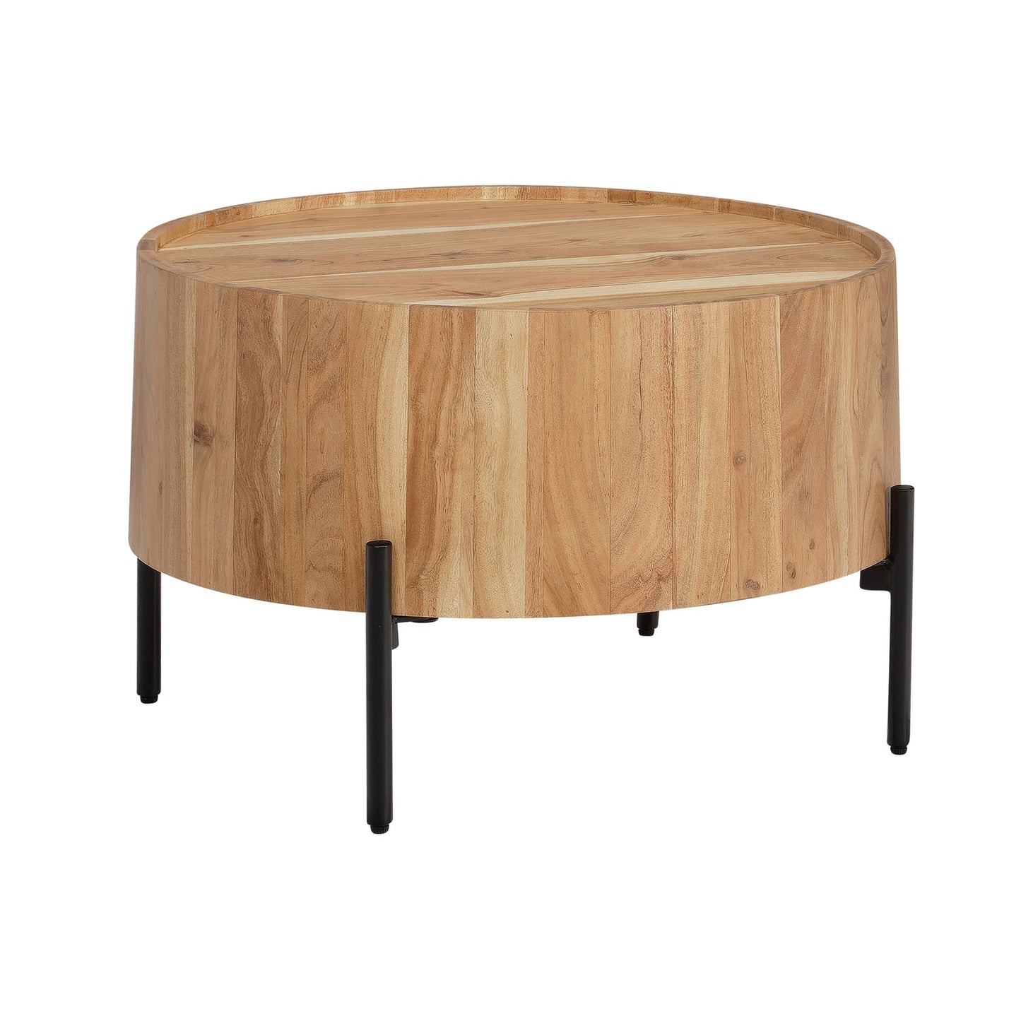 salontafel acacia massief hout 60x60x41 cm rond met metalen frame, kleine banktafel modern, woonkamertafel bank, salontafel bruin / zwart