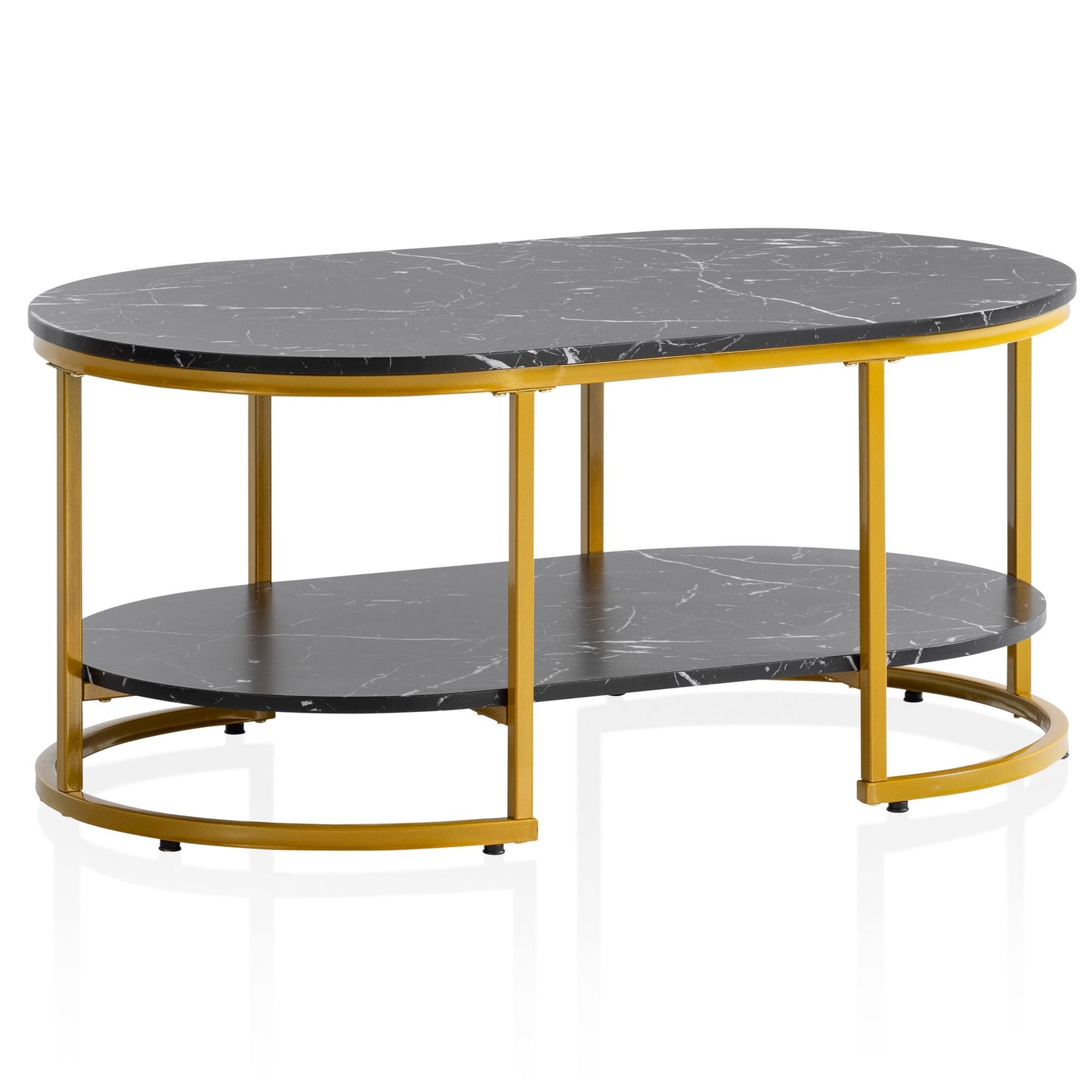 salontafel 100x60x45 cm zwart met marmerlook, design woonkamertafel rechthoekig, loungebanktafel met plank, moderne salontafel met gouden metalen frame