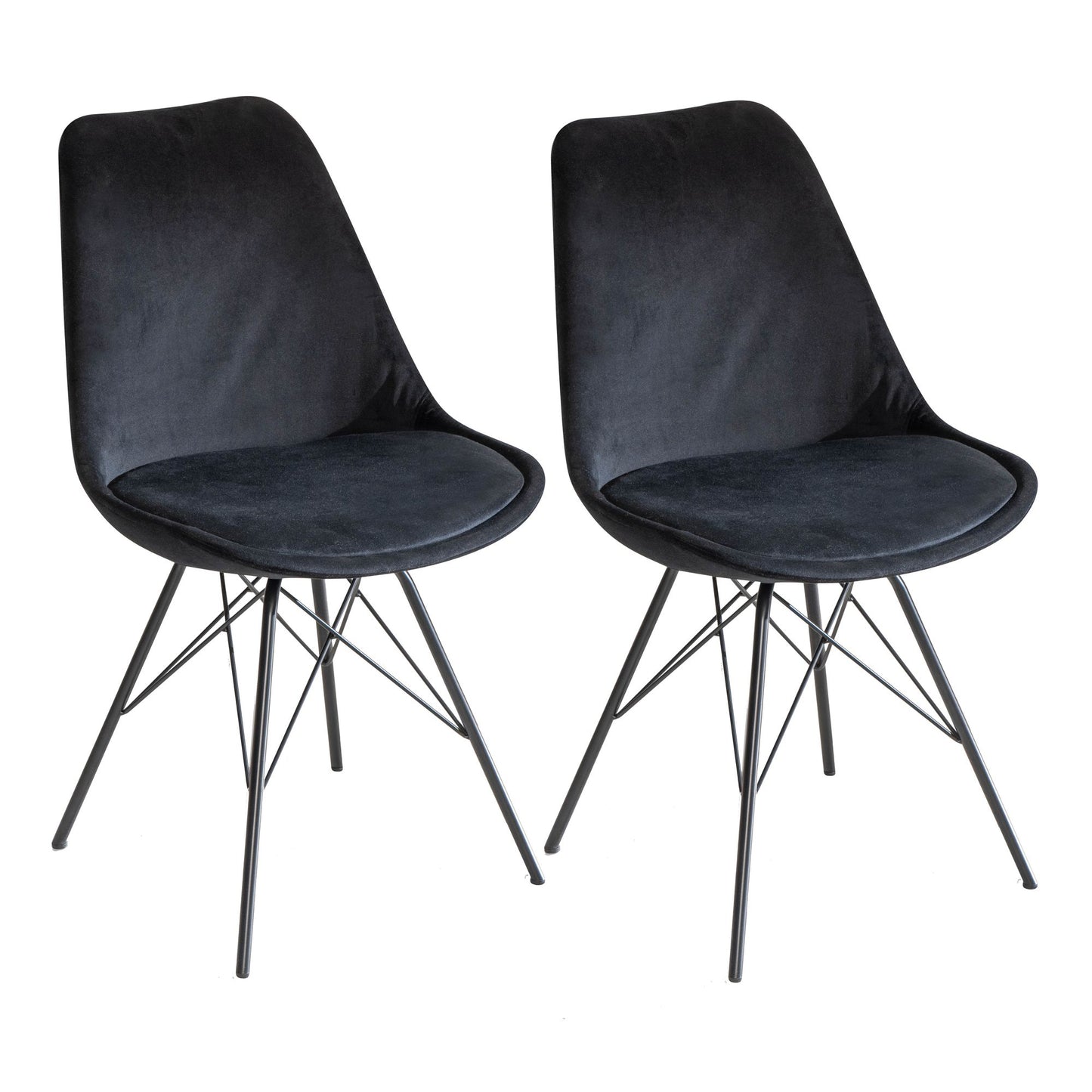 eetkamerstoel set van 2 fluwelen zwarte keukenstoel met zwarte poten, schelpstoel Scandinavisch design, gestoffeerde stoel met stoffen bekleding, gestoffeerde stoel