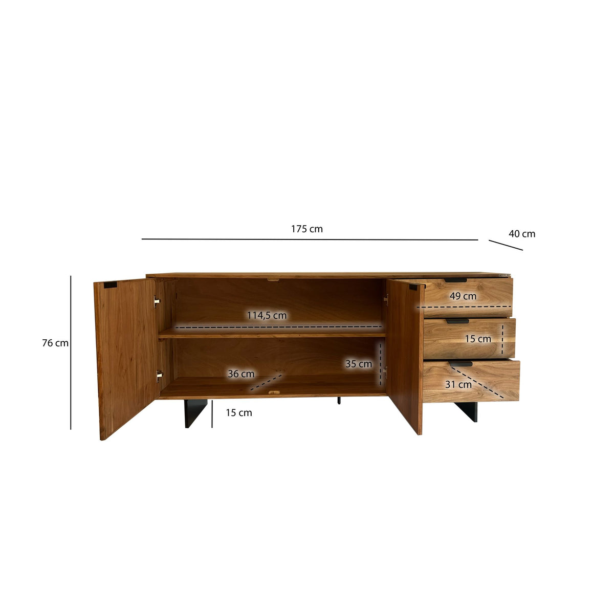 Dressoir 175x76x40 cm Acacia Massief Houten Ladekast