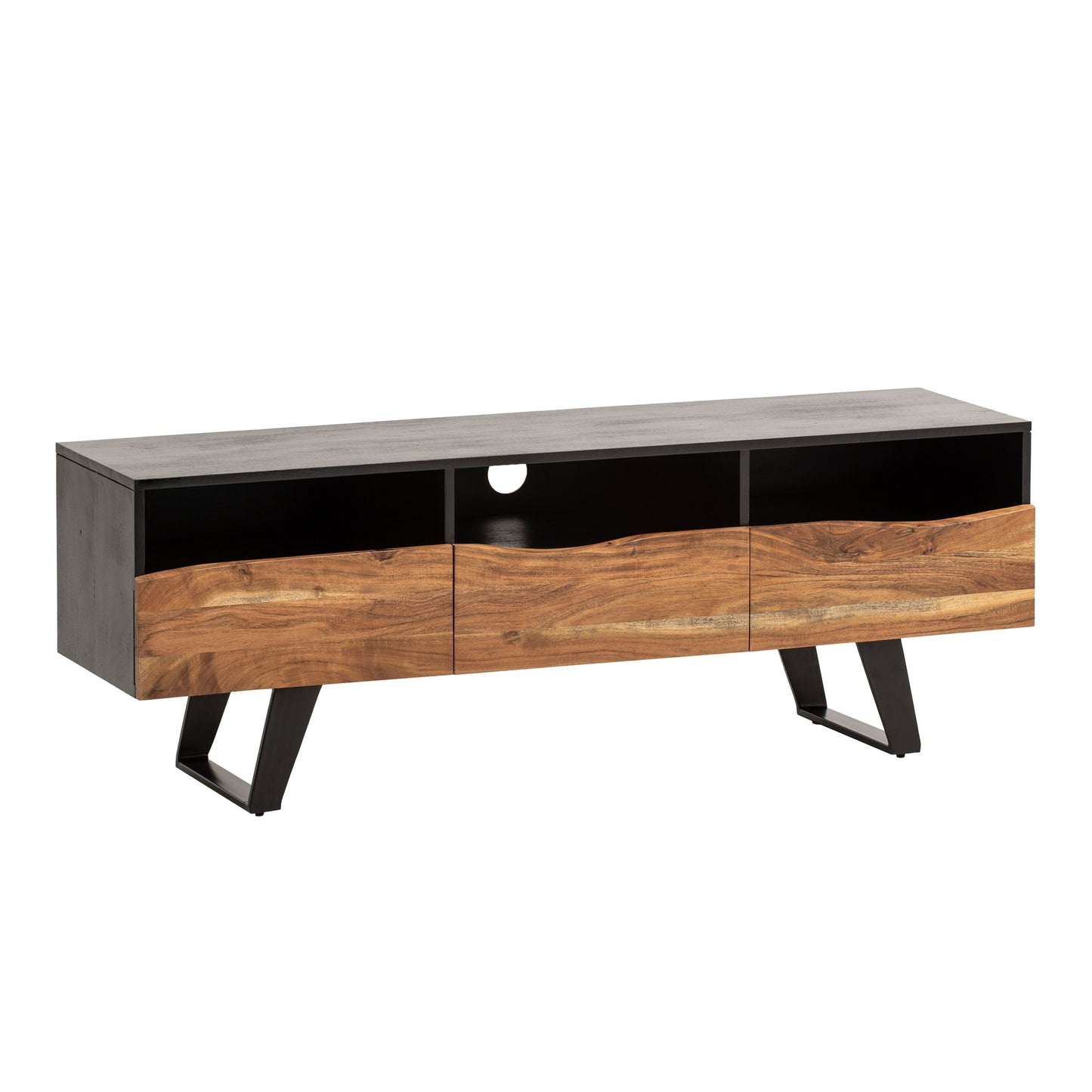 Lowboard acacia massief hout 140x50x40 cm boomrand tv-kast zwart, design tv-kast hoog met lade, tv-tafel tv-kast modern met deuren, tv-kast woonkamer
