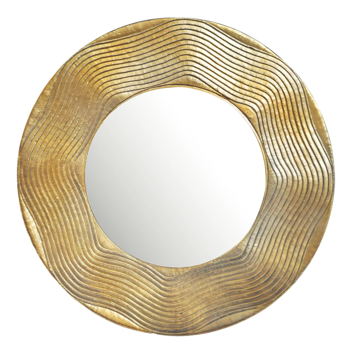 wandspiegel 74 cm metalen design hangspiegel goud, aluminium decoratieve spiegel rond met frame golfpatroon, grote wandspiegel, gangspiegel garderobespiegel modern