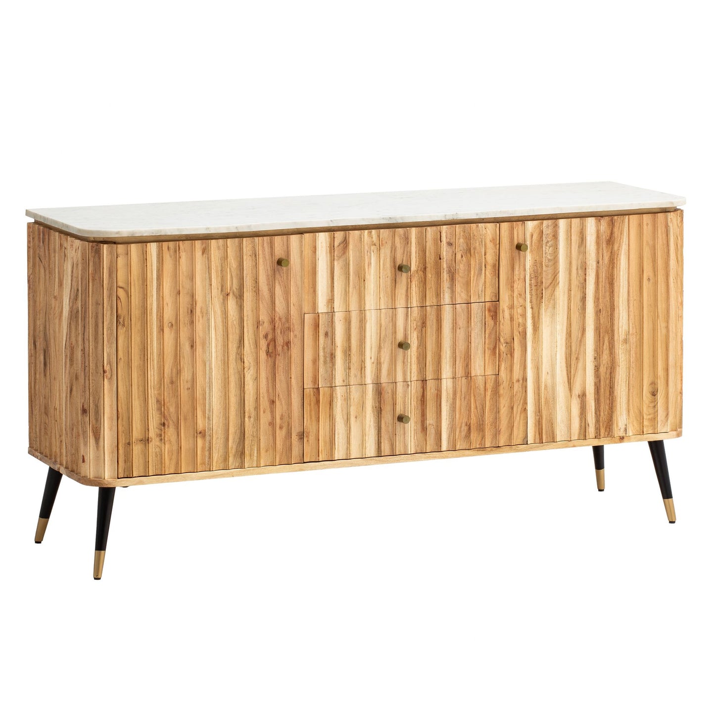 Dressoir 150x80x45 cm acacia massief houten ladekast echt marmer, hoge ladekast modern, staande kast met 2 deuren en 3 laden, dressoir woonkamer