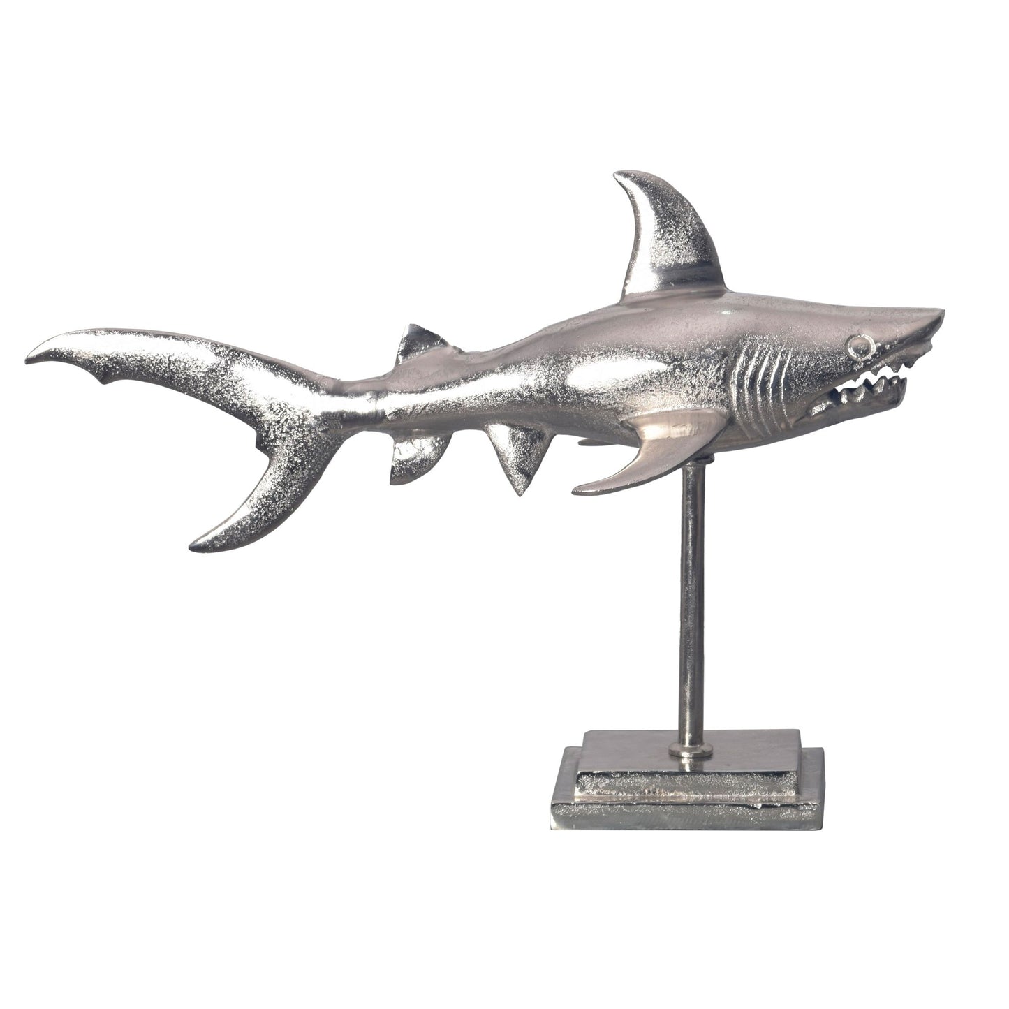 decoratieve figuur haai aluminium zilver maritiem 70 cm met voet, design metalen decoratie aluminium modern, tafeldecoratie woondecoratie aluminium decoratie, decoratie woonaccessoire
