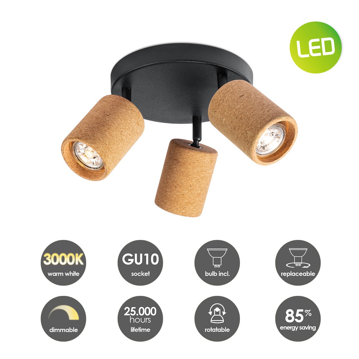 Home Sweet Home LED Opbouwspot Kurk 3 - dimbaar - Rond - zwart