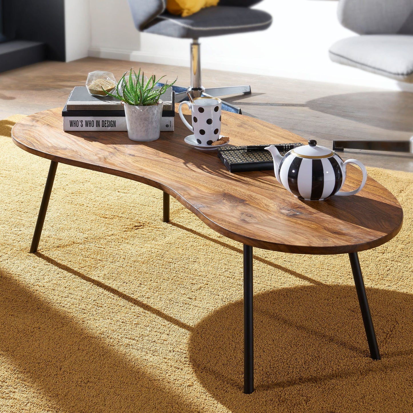 Design salontafel KASI 122x36x63 cm Sheesham met metalen poten Zwart
