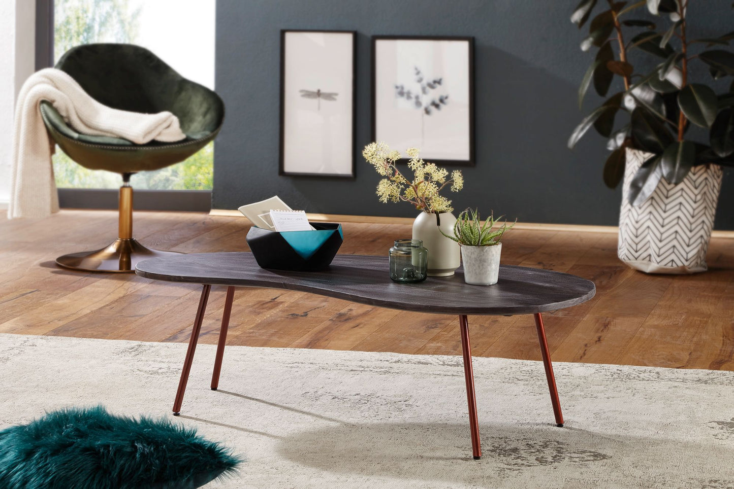 Design coffee table JAI 122x34.5x63 cm solid wood Acacia with metal legs copper