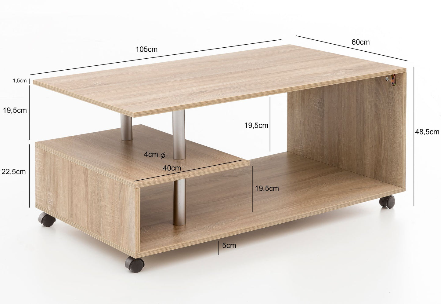 Design salontafel WL5.735 105 x 48,5 x 60 cm Sonoma Draaibaar met wielen