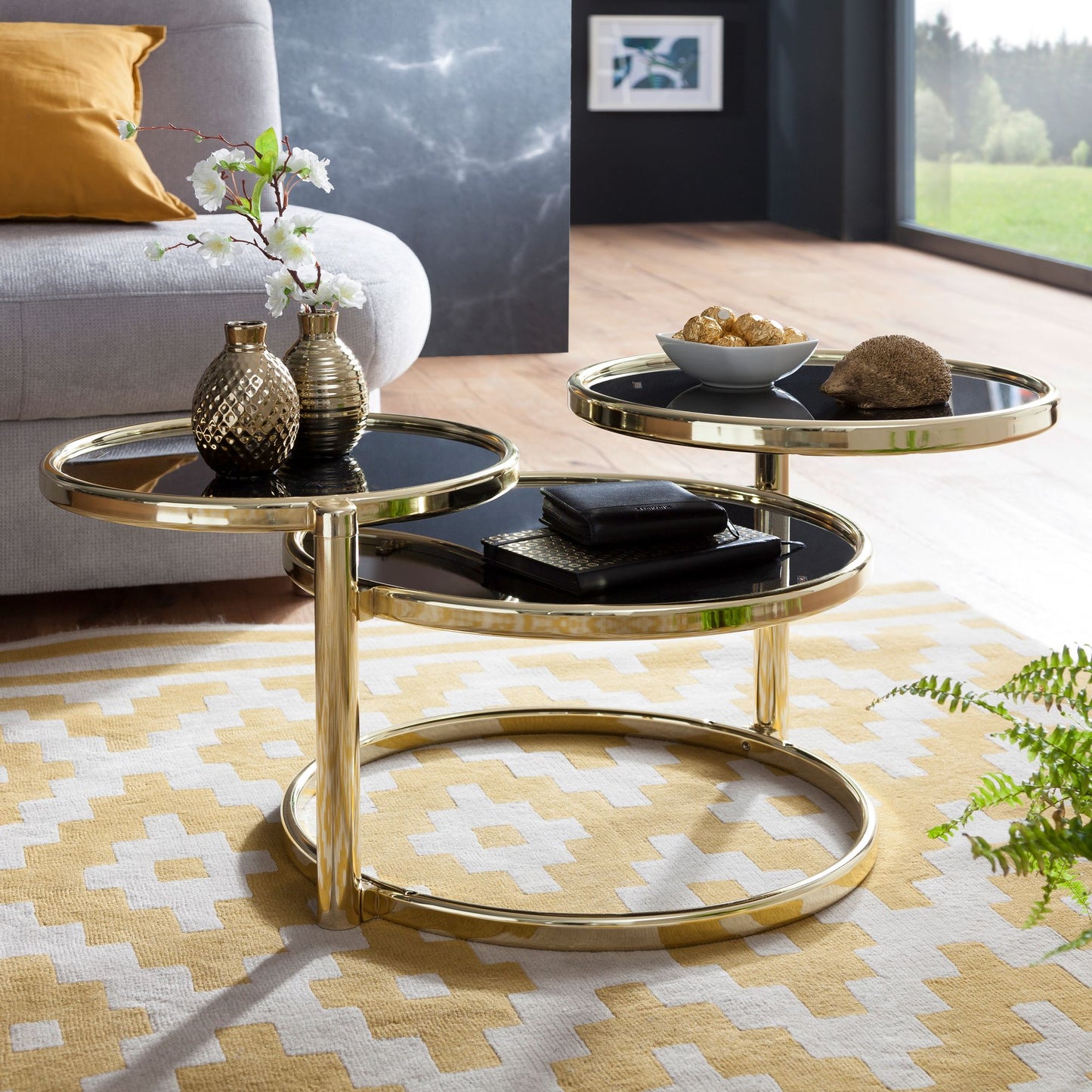 Salontafel SUSI met 3 tafelbladen Zwart / Goud 58 x 43 x 58 cm | Bijzettafel rond | Ontwerp salontafel glas / metaal | Designtafel met glazen tafel modern | Kleine salontafel