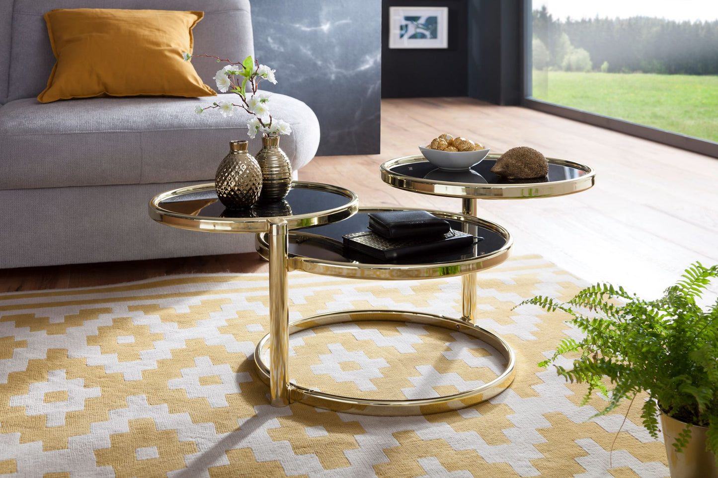 Salontafel SUSI met 3 tafelbladen Zwart / Goud 58 x 43 x 58 cm | Bijzettafel rond | Ontwerp salontafel glas / metaal | Designtafel met glazen tafel modern | Kleine salontafel