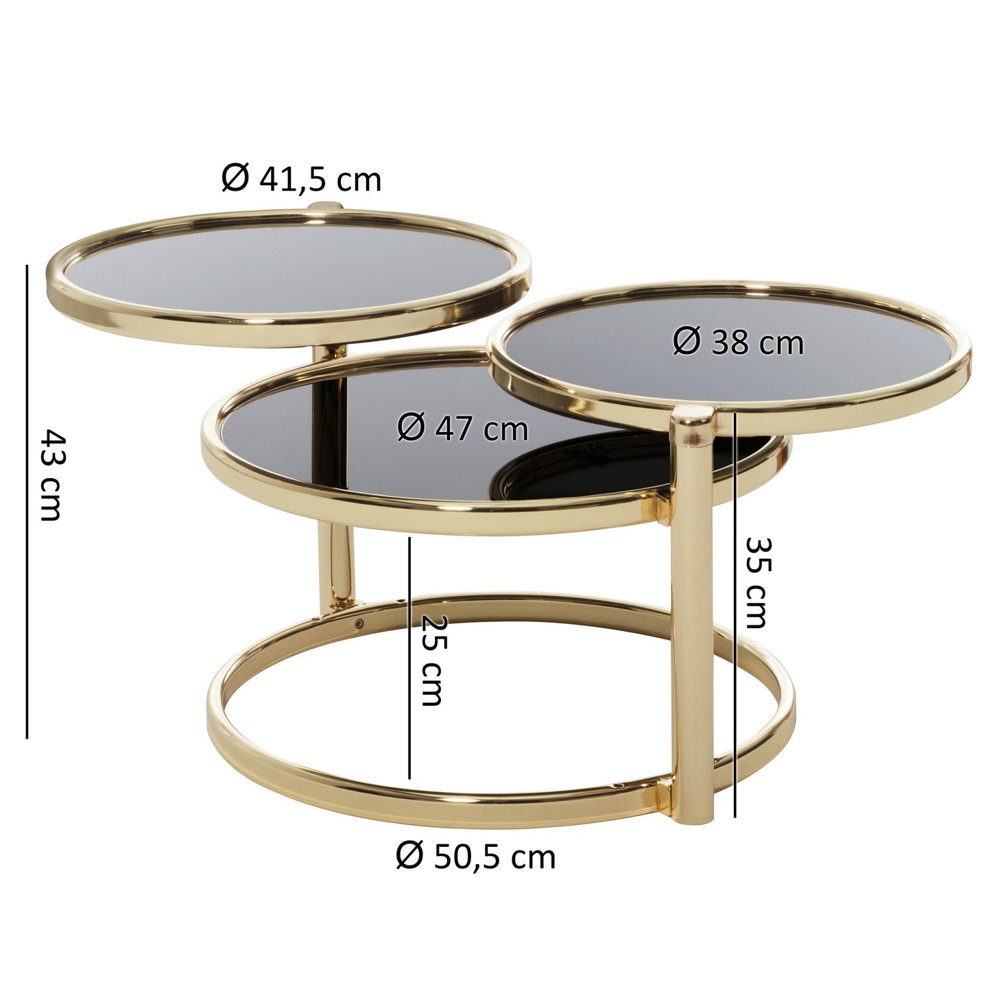 Salontafel SUSI met 3 tafelbladen Zwart / Goud 58 x 43 x 58 cm | Bijzettafel rond | Ontwerp salontafel glas / metaal | Designtafel met glazen tafel modern | Kleine salontafel