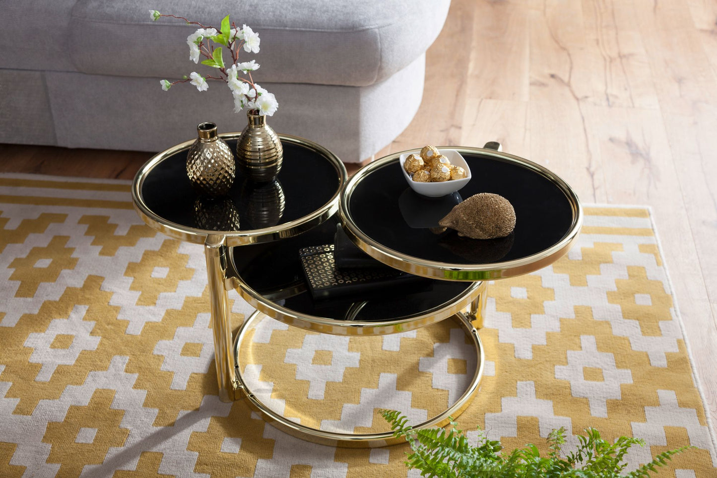 Salontafel SUSI met 3 tafelbladen Zwart / Goud 58 x 43 x 58 cm | Bijzettafel rond | Ontwerp salontafel glas / metaal | Designtafel met glazen tafel modern | Kleine salontafel