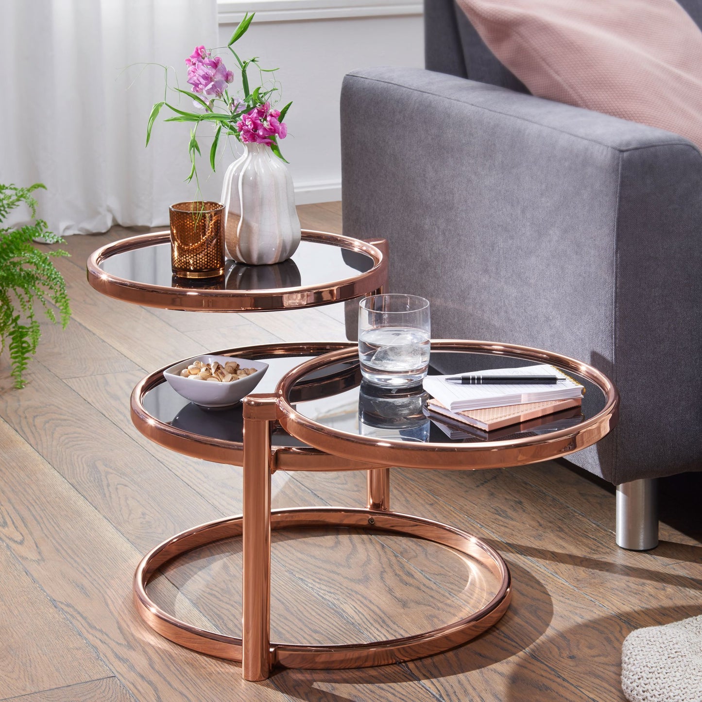 Salontafel SUSI met 3 tafelbladen zwart / koper 58 x 43 x 58 cm | Bijzettafel rond | Ontwerp salontafel glas / metaal | Designtafel met glazen tafel modern | Kleine salontafel