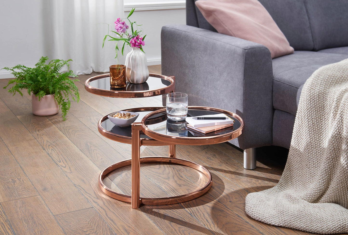 Salontafel SUSI met 3 tafelbladen zwart / koper 58 x 43 x 58 cm | Bijzettafel rond | Ontwerp salontafel glas / metaal | Designtafel met glazen tafel modern | Kleine salontafel