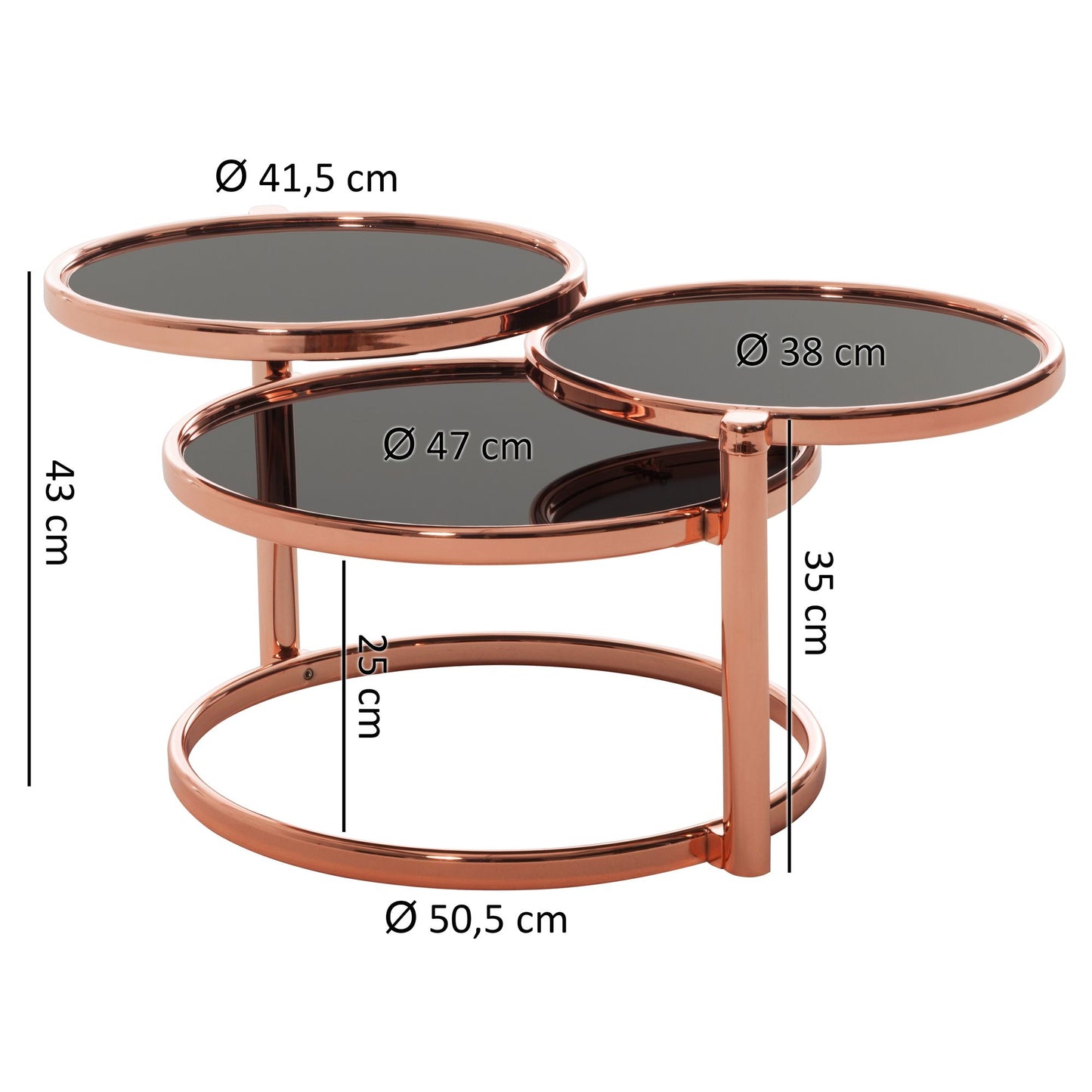 Salontafel SUSI met 3 tafelbladen zwart / koper 58 x 43 x 58 cm | Bijzettafel rond | Ontwerp salontafel glas / metaal | Designtafel met glazen tafel modern | Kleine salontafel
