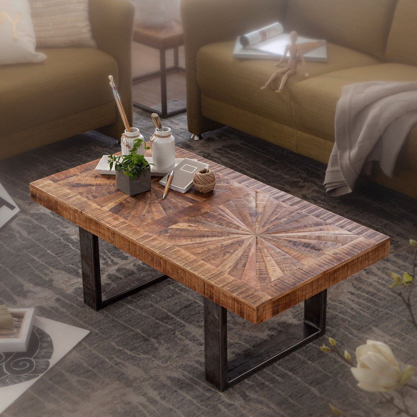Moderne salontafel mango massief hout 105x40x55 cm tafel in industrieel design | Salontafel met hout en metaal | Rustieke salontafel