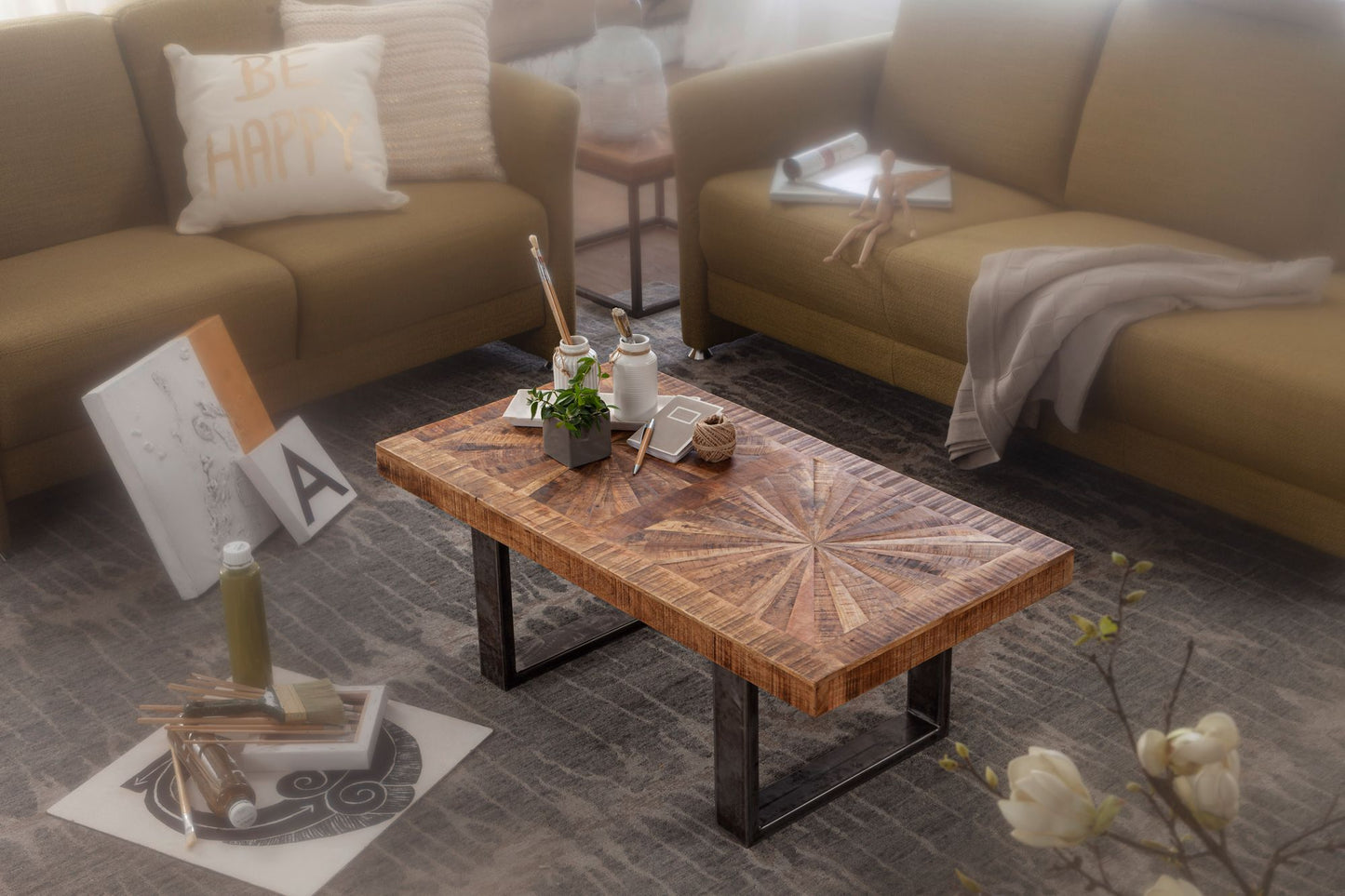 Moderne salontafel mango massief hout 105x40x55 cm tafel in industrieel design | Salontafel met hout en metaal | Rustieke salontafel