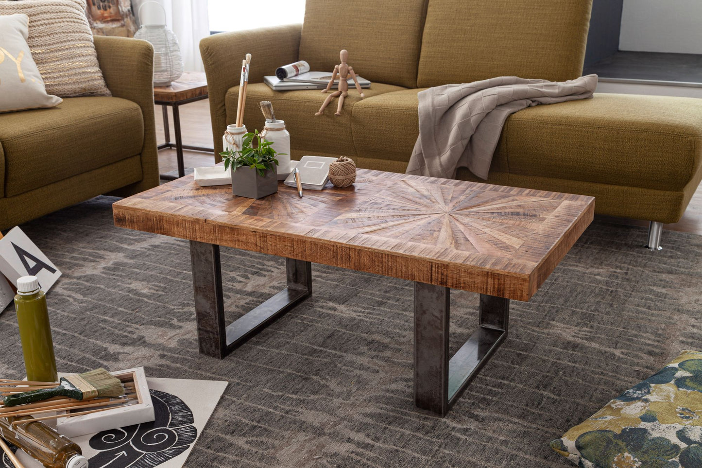 Moderne salontafel mango massief hout 105x40x55 cm tafel in industrieel design | Salontafel met hout en metaal | Rustieke salontafel