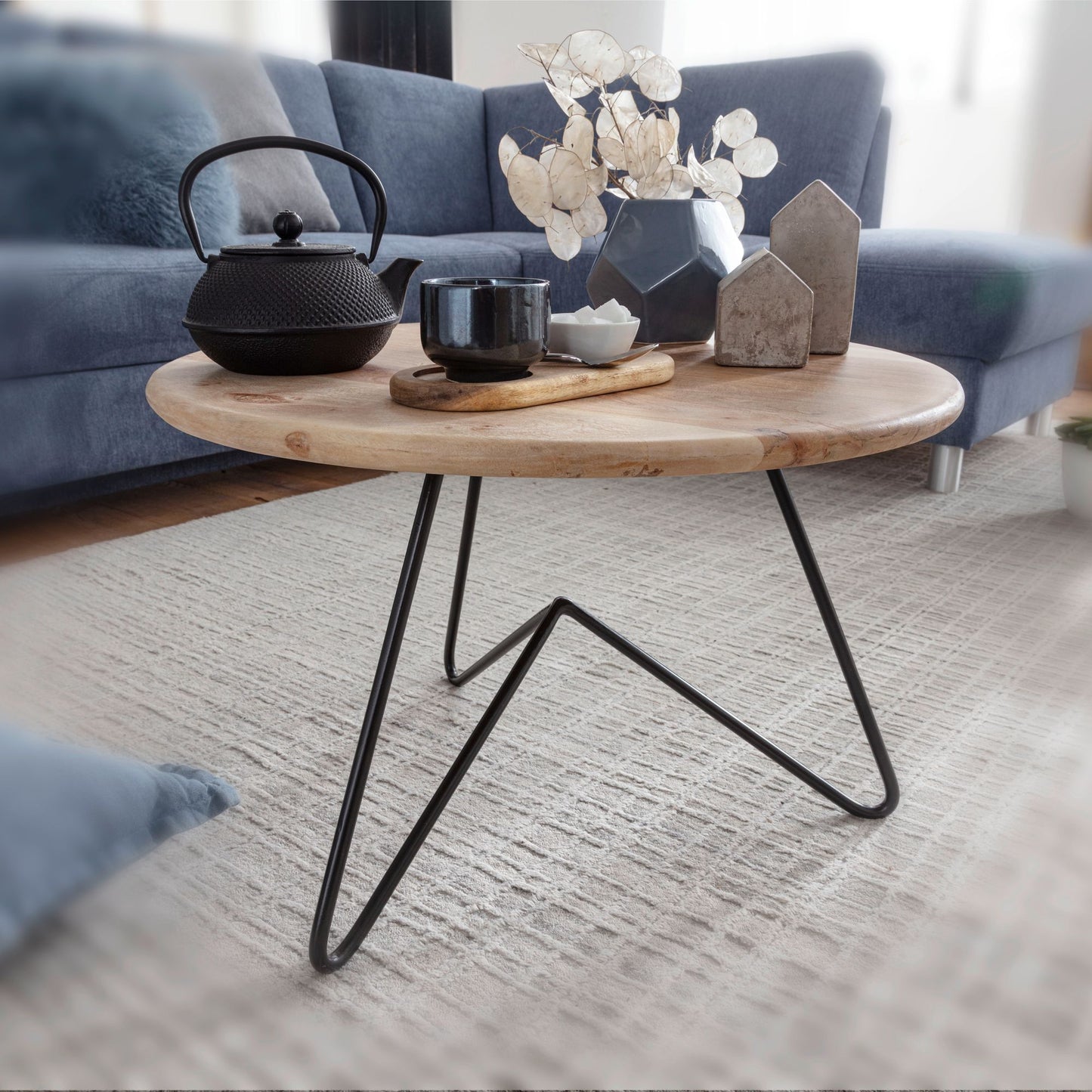 Salontafel 60x39,5x60 cm acacia massief houten / metalen salontafel | Design woonkamer tafel rond | Massieve salontafel | Kleine tafel woonkamer