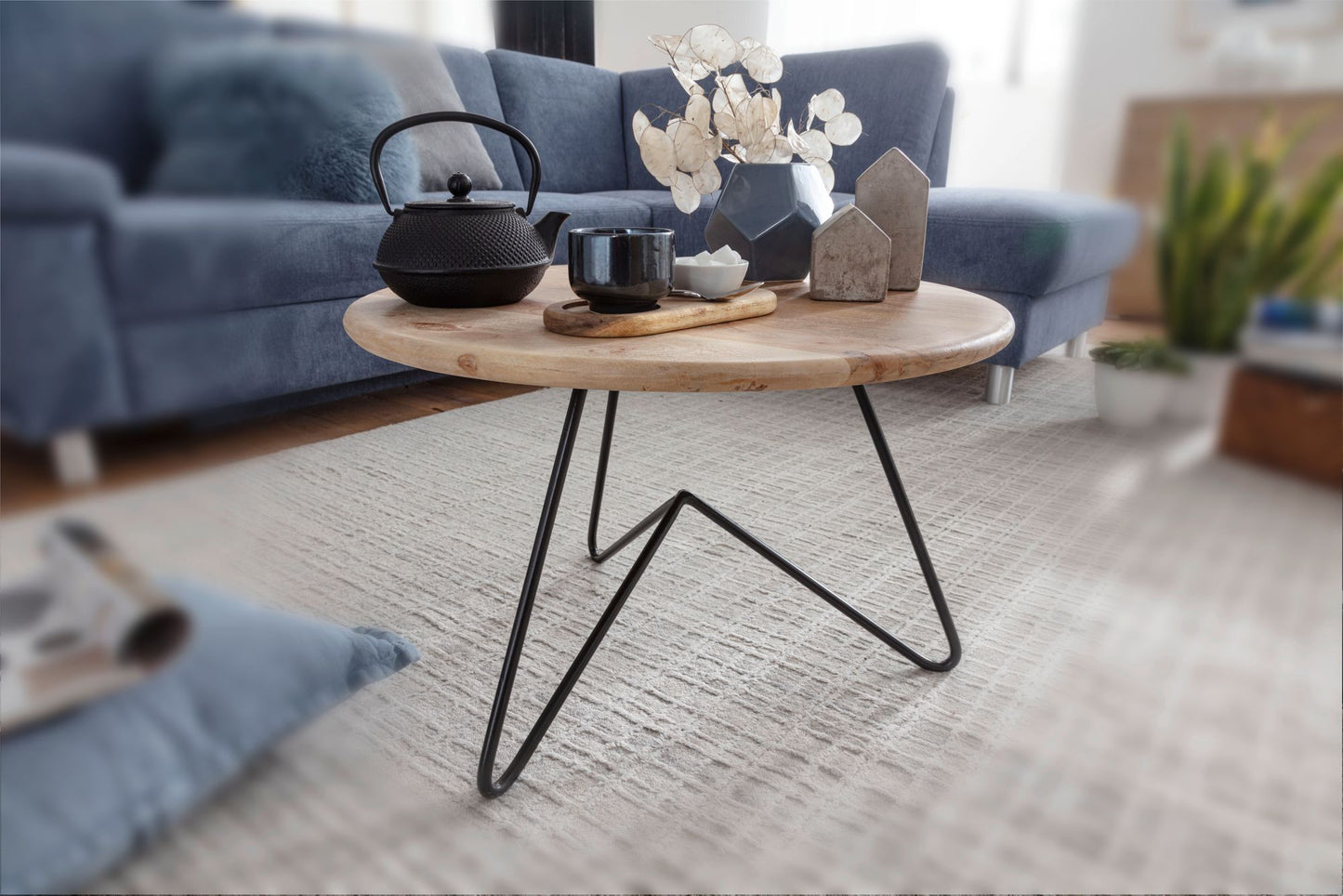 Salontafel 60x39,5x60 cm acacia massief houten / metalen salontafel | Design woonkamer tafel rond | Massieve salontafel | Kleine tafel woonkamer