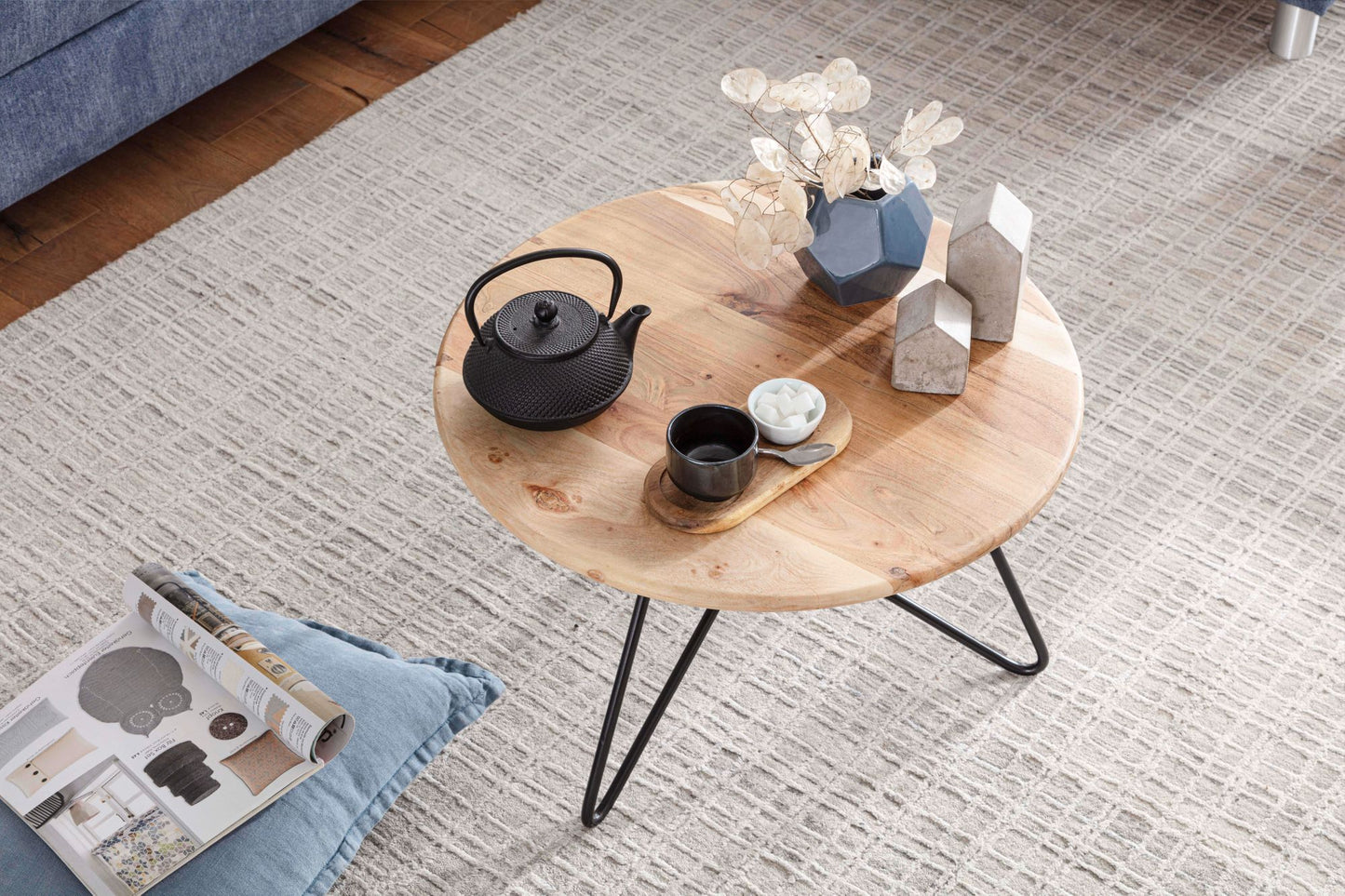 Salontafel 60x39,5x60 cm acacia massief houten / metalen salontafel | Design woonkamer tafel rond | Massieve salontafel | Kleine tafel woonkamer