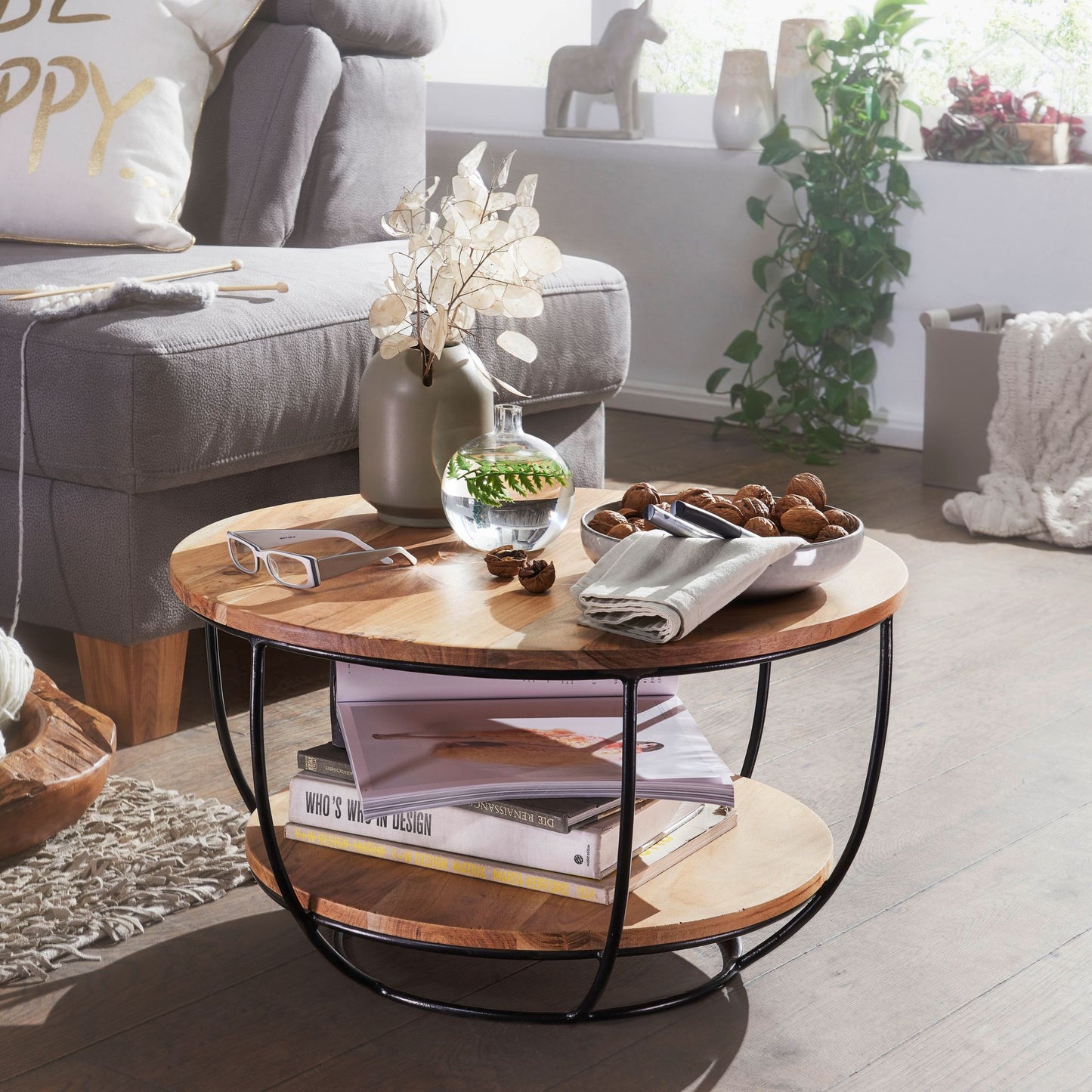 Salontafel 60x34,5x60 cm acacia massief houten / metalen salontafel | Design woonkamer tafel rond | Lounge tafel Industrial Brown | Tafel met plank