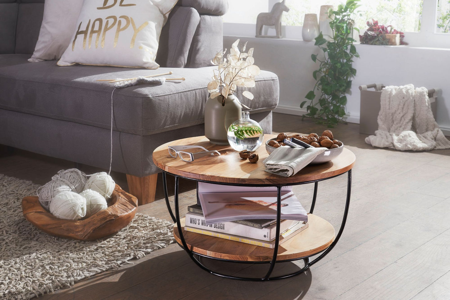 Salontafel 60x34,5x60 cm acacia massief houten / metalen salontafel | Design woonkamer tafel rond | Lounge tafel Industrial Brown | Tafel met plank