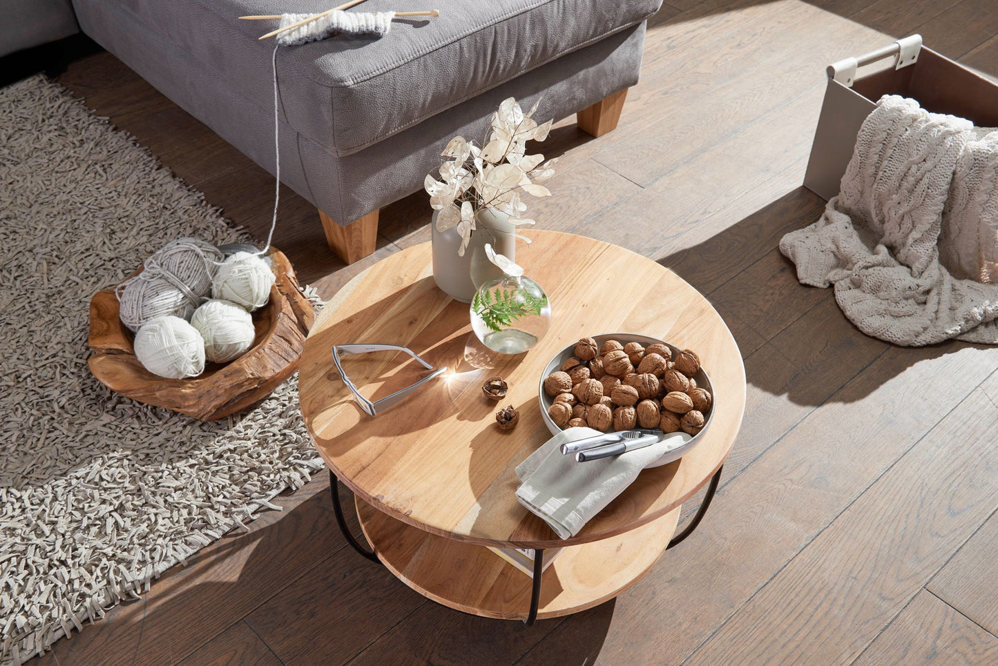 Salontafel 60x34,5x60 cm acacia massief houten / metalen salontafel | Design woonkamer tafel rond | Lounge tafel Industrial Brown | Tafel met plank