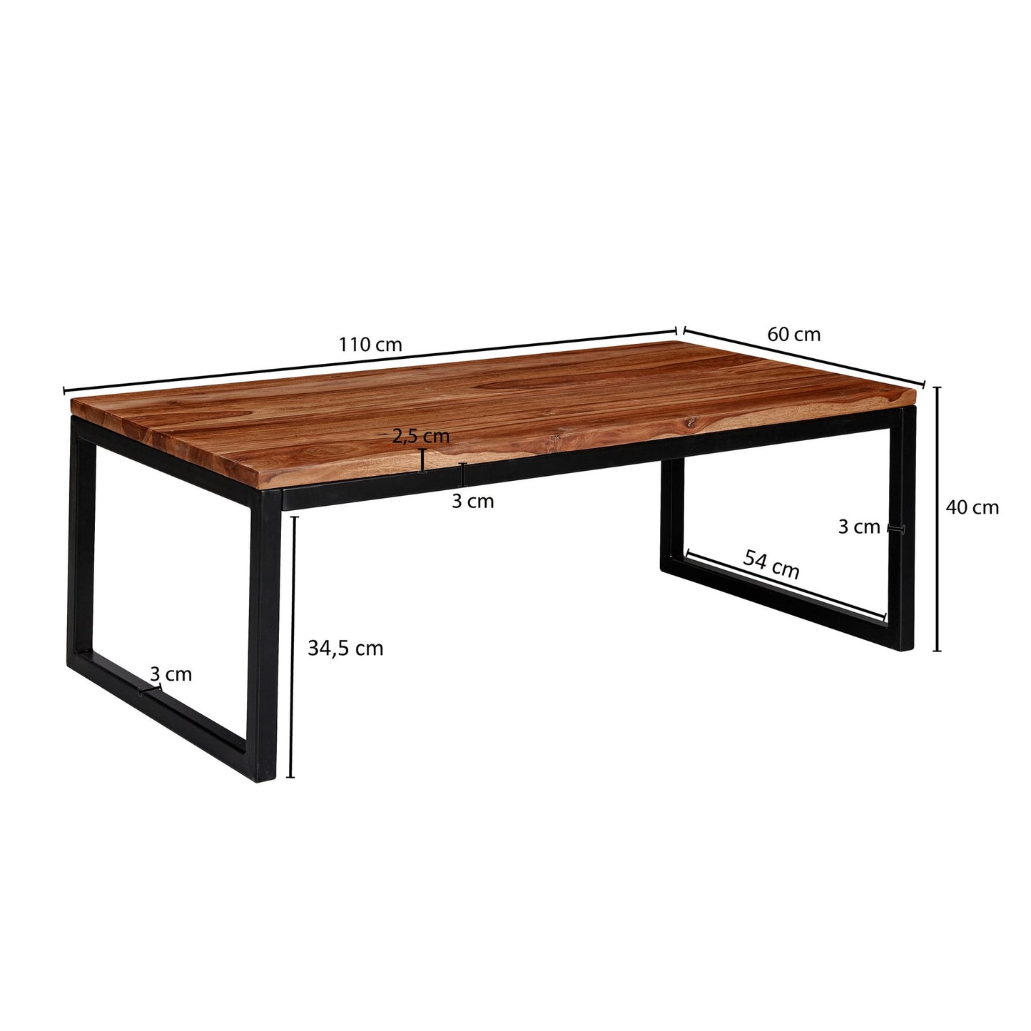 Salontafel 110x40x60 cm Sheesham massief houten / metalen salontafel | Design salontafel in industriële stijl | Tafel woonkamer | Solide loungetafel