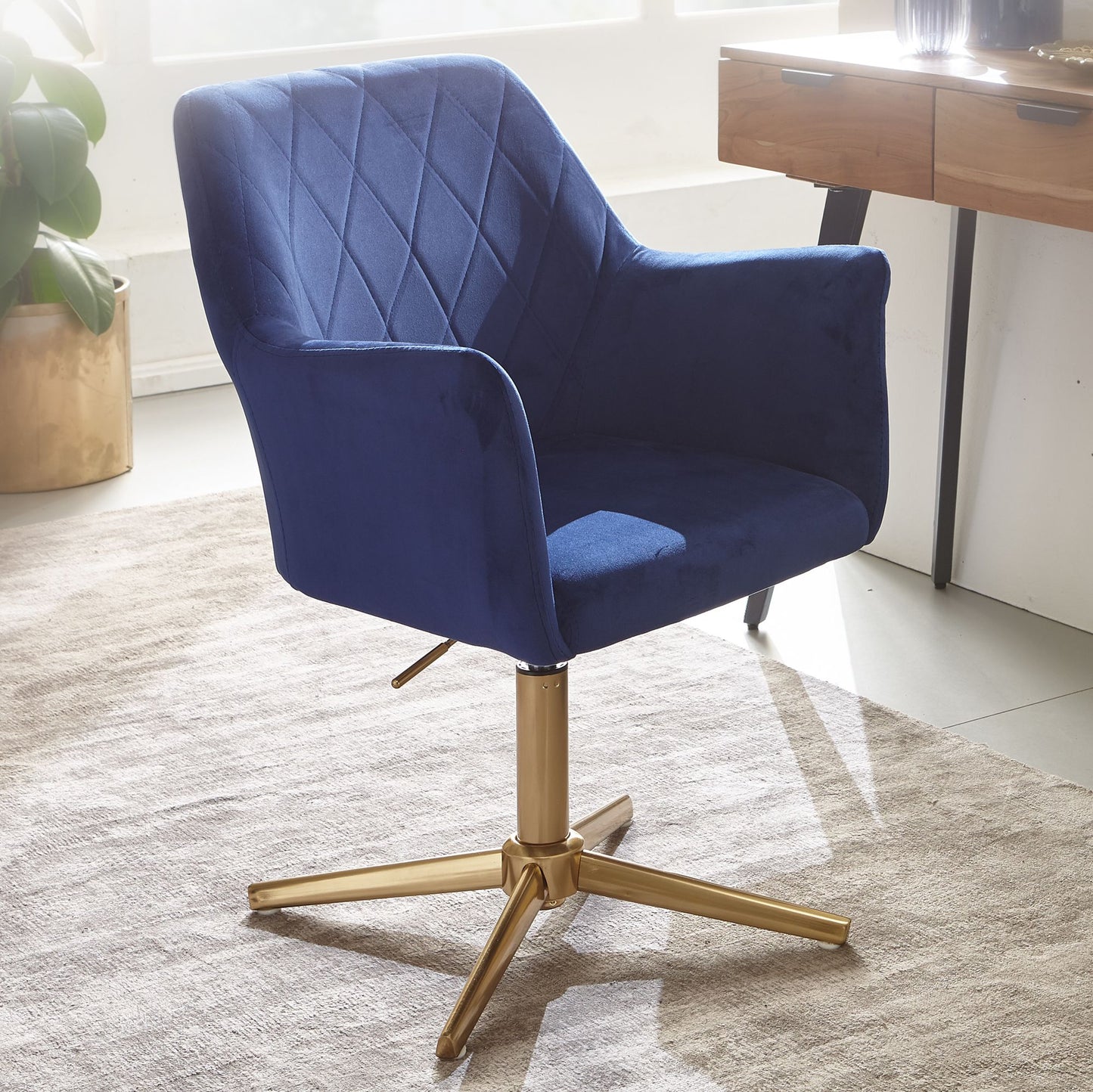 Bureaustoel donkerblauw velvet design, draaifauteuil met rugleuning