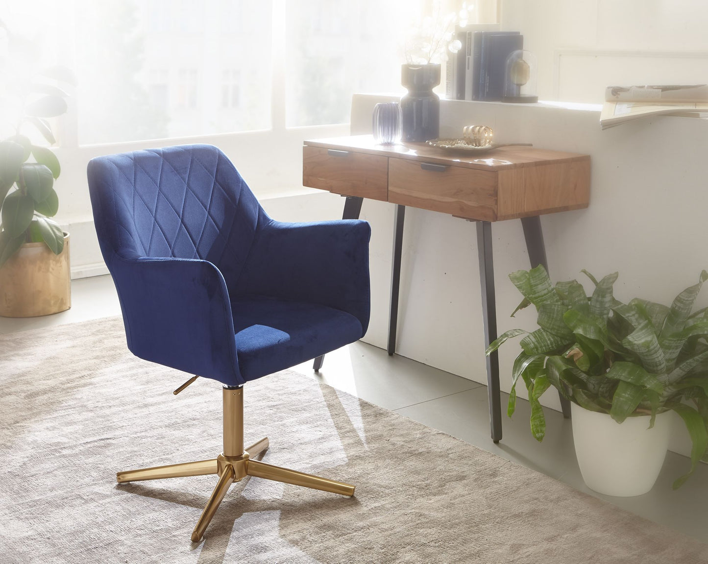 Bureaustoel donkerblauw velvet design, draaifauteuil met rugleuning
