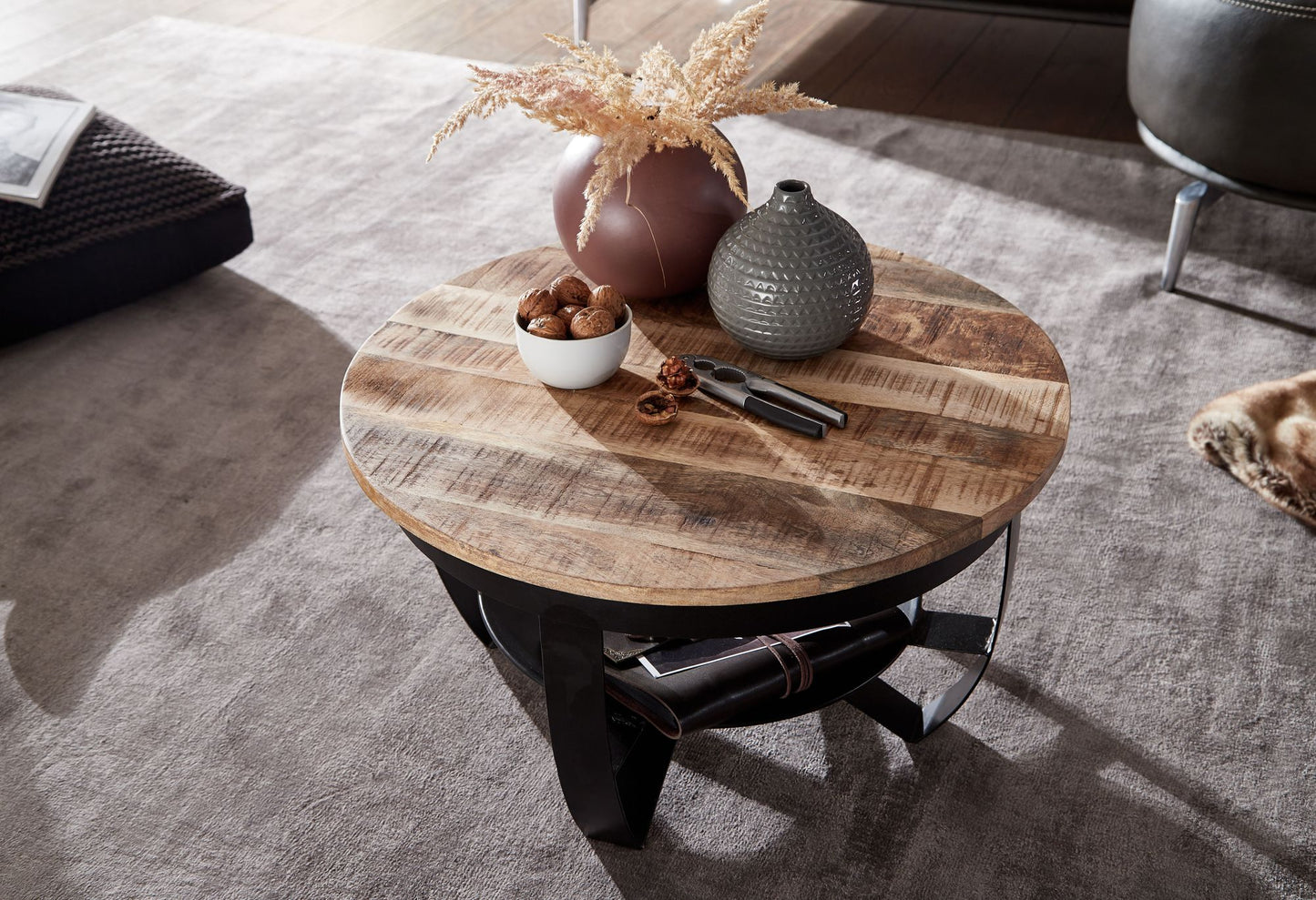 Salontafel 60x34x60 cm Mango massief hout / metaal Industrieel zwart rond | Salontafel Salontafel massief | Kleine tafel salontafel woonkamer