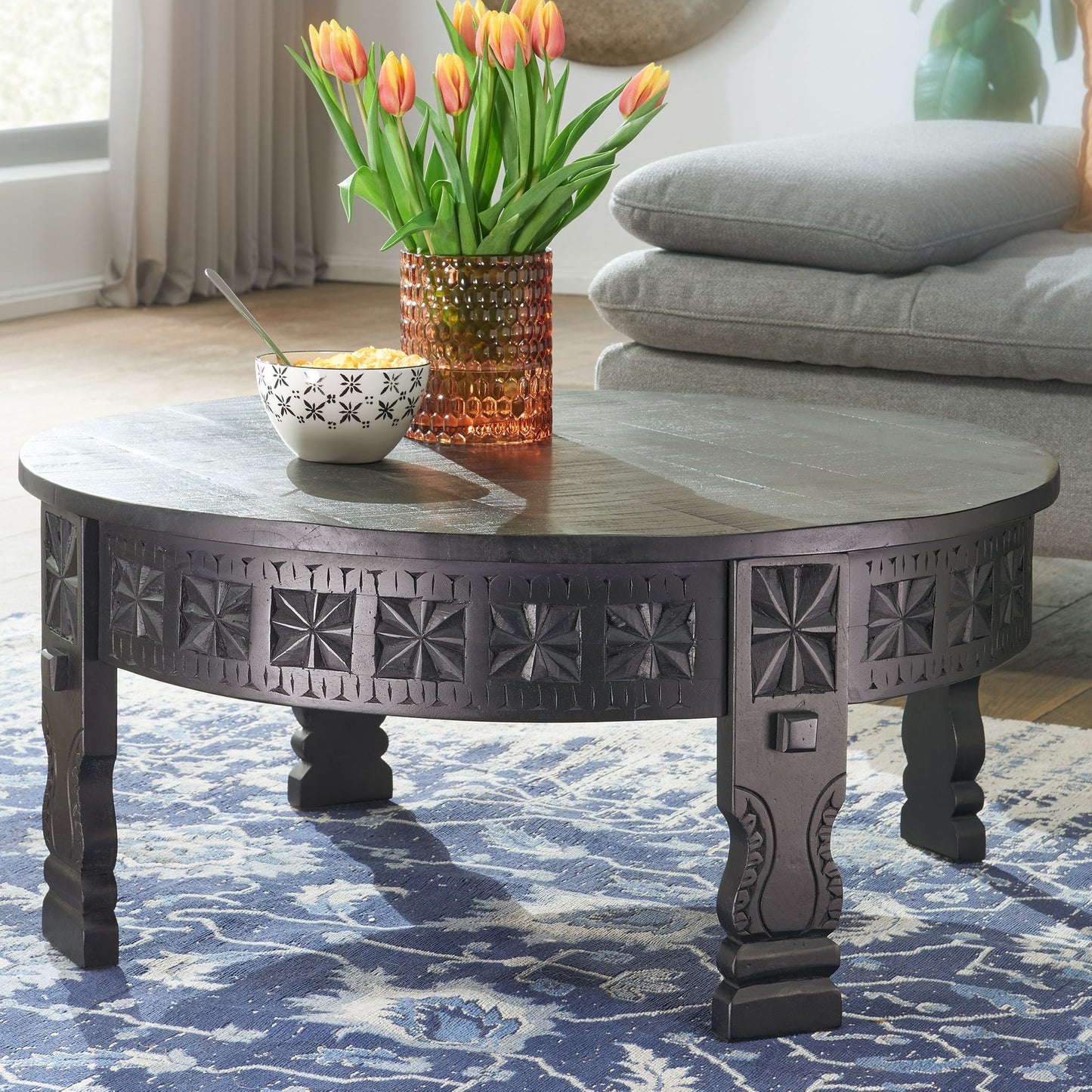 Design salontafel 80x36x80 cm Mango massief houten salontafel rond zwart
