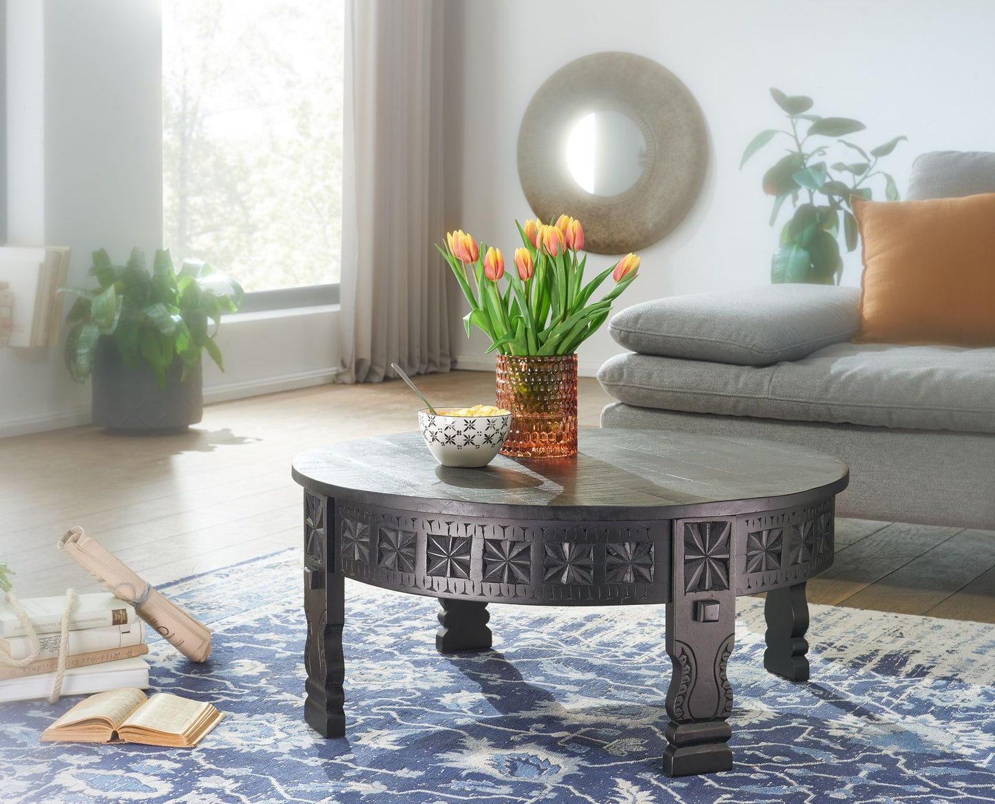 Design salontafel 80x36x80 cm Mango massief houten salontafel rond zwart