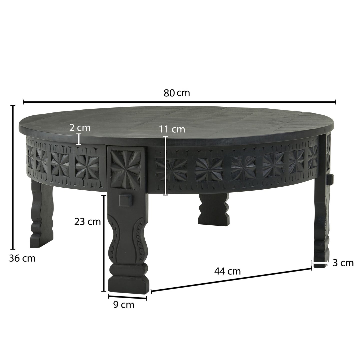 Design salontafel 80x36x80 cm Mango massief houten salontafel rond zwart
